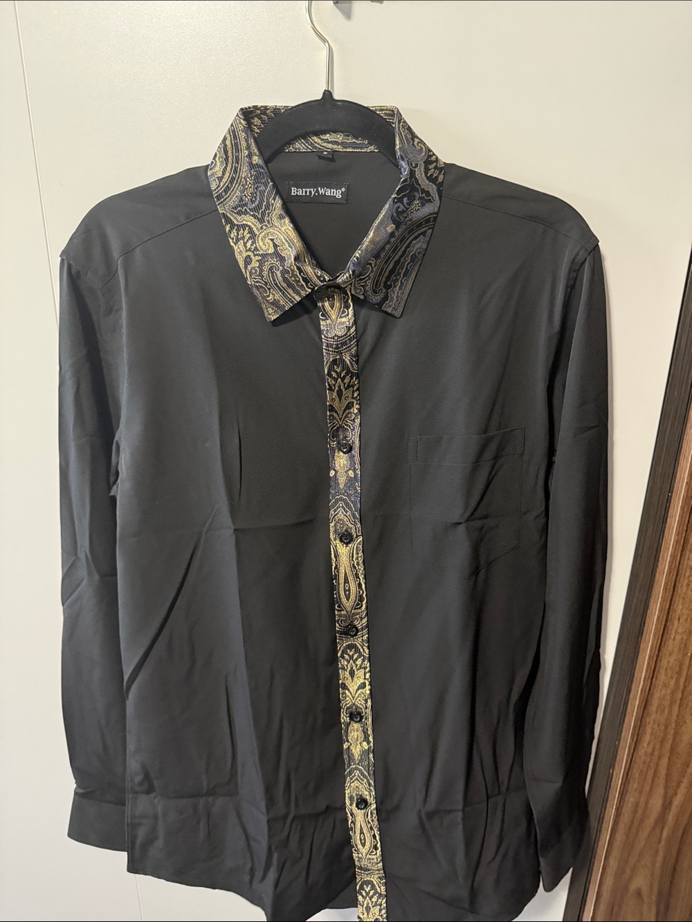 Barry wang Black Long-Sleeve Shirt with Gold Paisley Trim